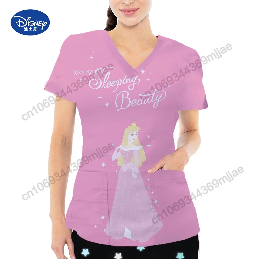 2024 Summer New pretty Disney Cartoon pattern Double Pocket V-Neck Design Y2k Style Women\'s Comfortable Charming nurse\'s uniform