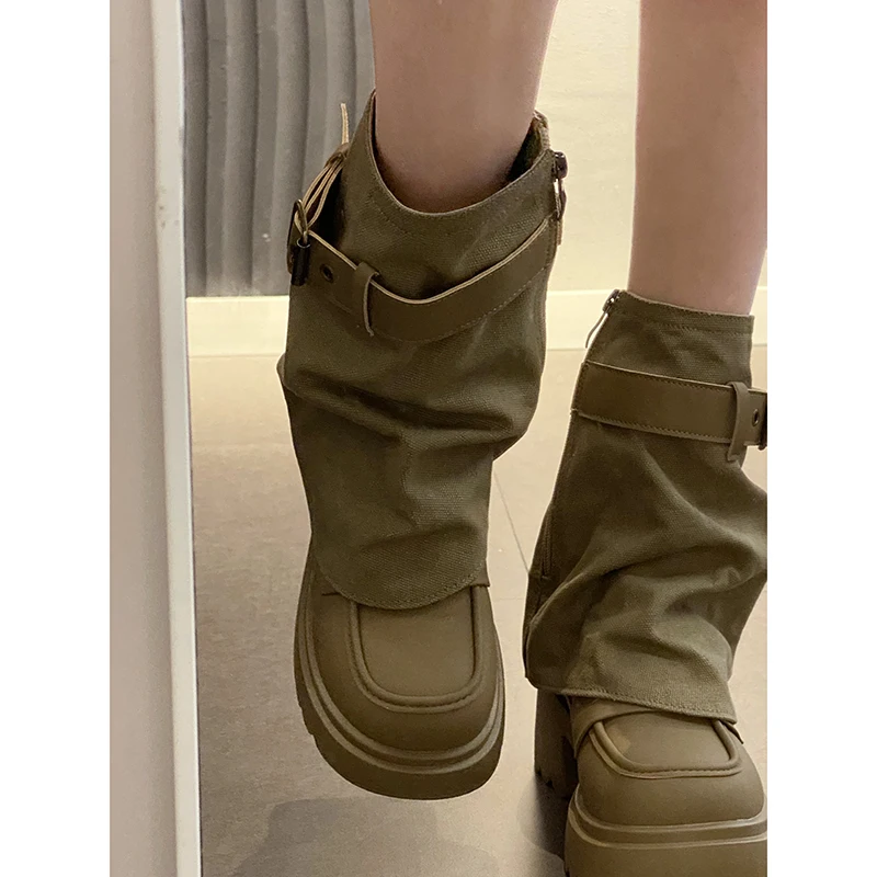 

Women's Shoe Short Boots 2023 Spring and Autumn New Thick Sole Belt Buckle Thick Heel Trouser Boots Detachable Leather Shoes