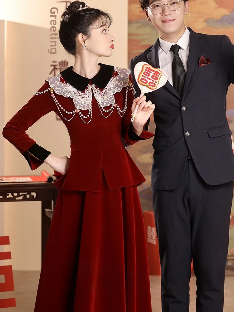 

Red Velvet Velvet Wedding Dr Turn Ba Home Ceremony Long Sve Floor Length Evening Gown for Bridal ower And Performances