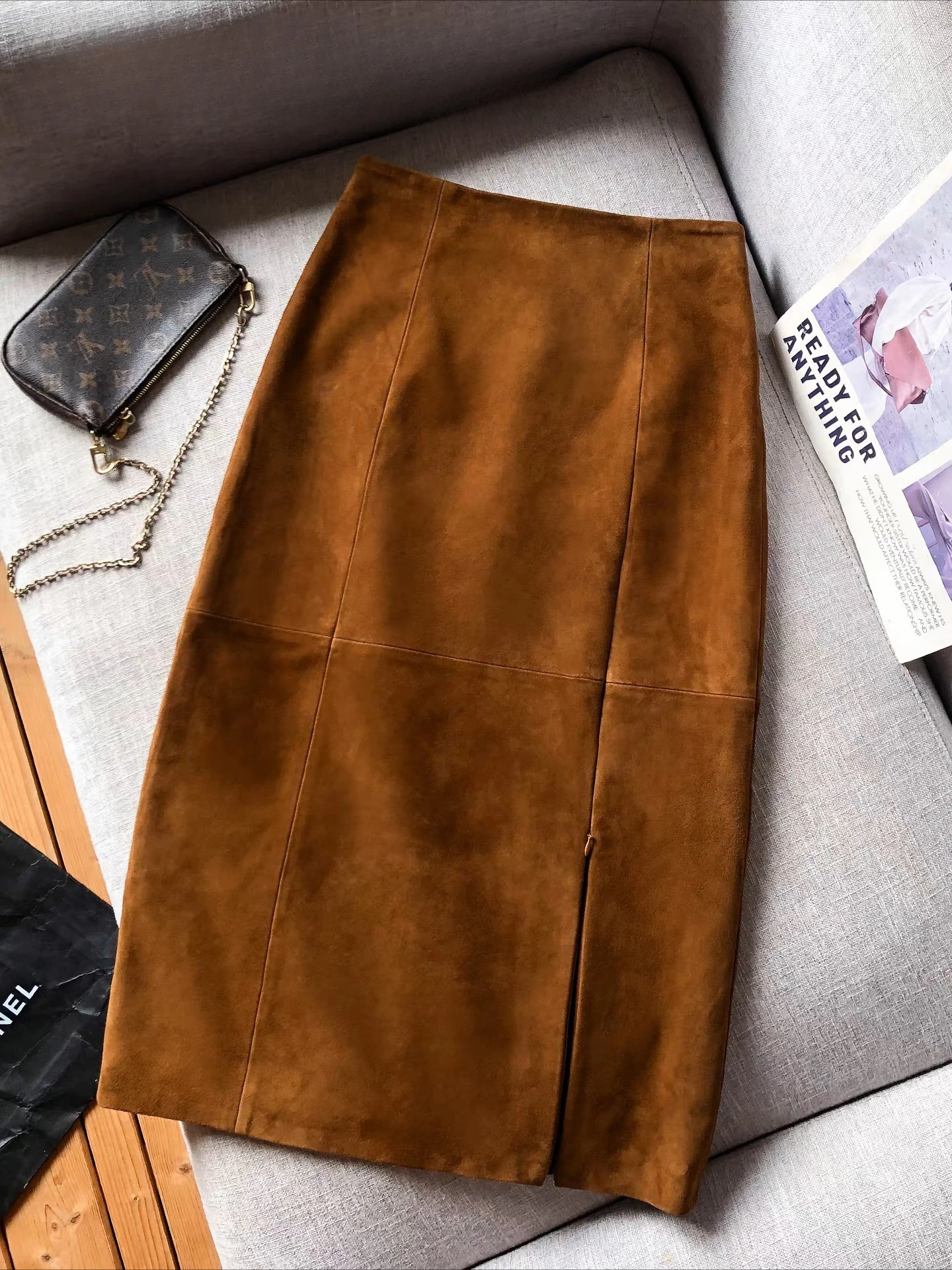 High Grade Suede Leather Skirt For Women Winter New Old Money Upgraded Imported Suede Jupe Front Split Waist Loop Faldas