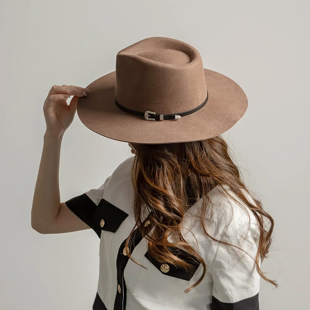 

USPOP Autumn Winter New Unisex Wool Fedora Hat with Crown with Black Leather Band Vintage Jazz Hat Stylish Wide Brim Felt Hat