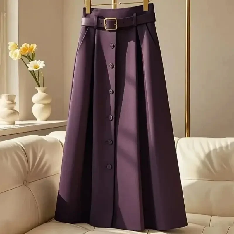 

New Fashion Pleated Skirt Women Autumn High Waist Casual Loose Elegant Solid Color A-Line Umbrella Skirt Midi Jupe