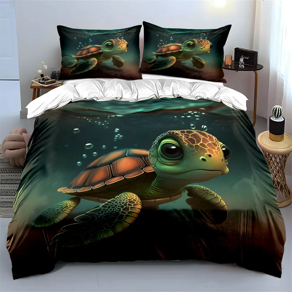 A swimming baby turtle. Print Bedding Set 1 Duvet Cover 2 Pillowcases for Adult and Children Luxury Gift Full Size