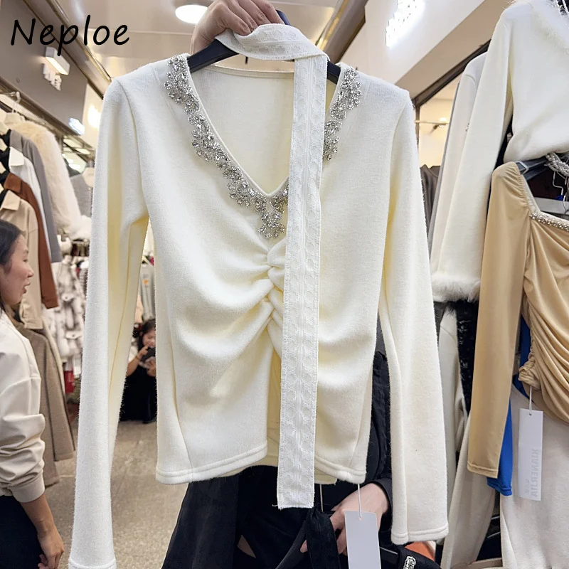 Neploe 2024 Autumn Winter Warm Slimming Bottom Knitted Sweater Femme Chic Ribbon Crystal Gentle Diamond V-Neck Split Pullovers