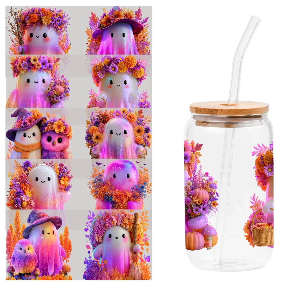 5 Sheets Cute Ghost Floral Autumn Harvest Pattern UV DTF Stickers Waterproof Decals Plastic Self-Adhesive Labels Waterproof Rub
