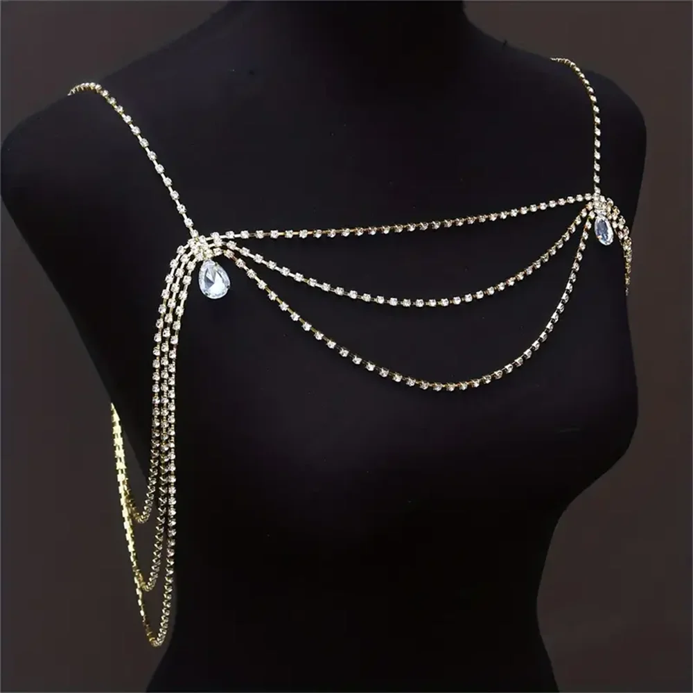 Elegant Fashionable Tassel Wire Strap Rhinestone Body Shoulder Chain Nightclub Ball Crystal Body Shoulder Chain  Jewelry