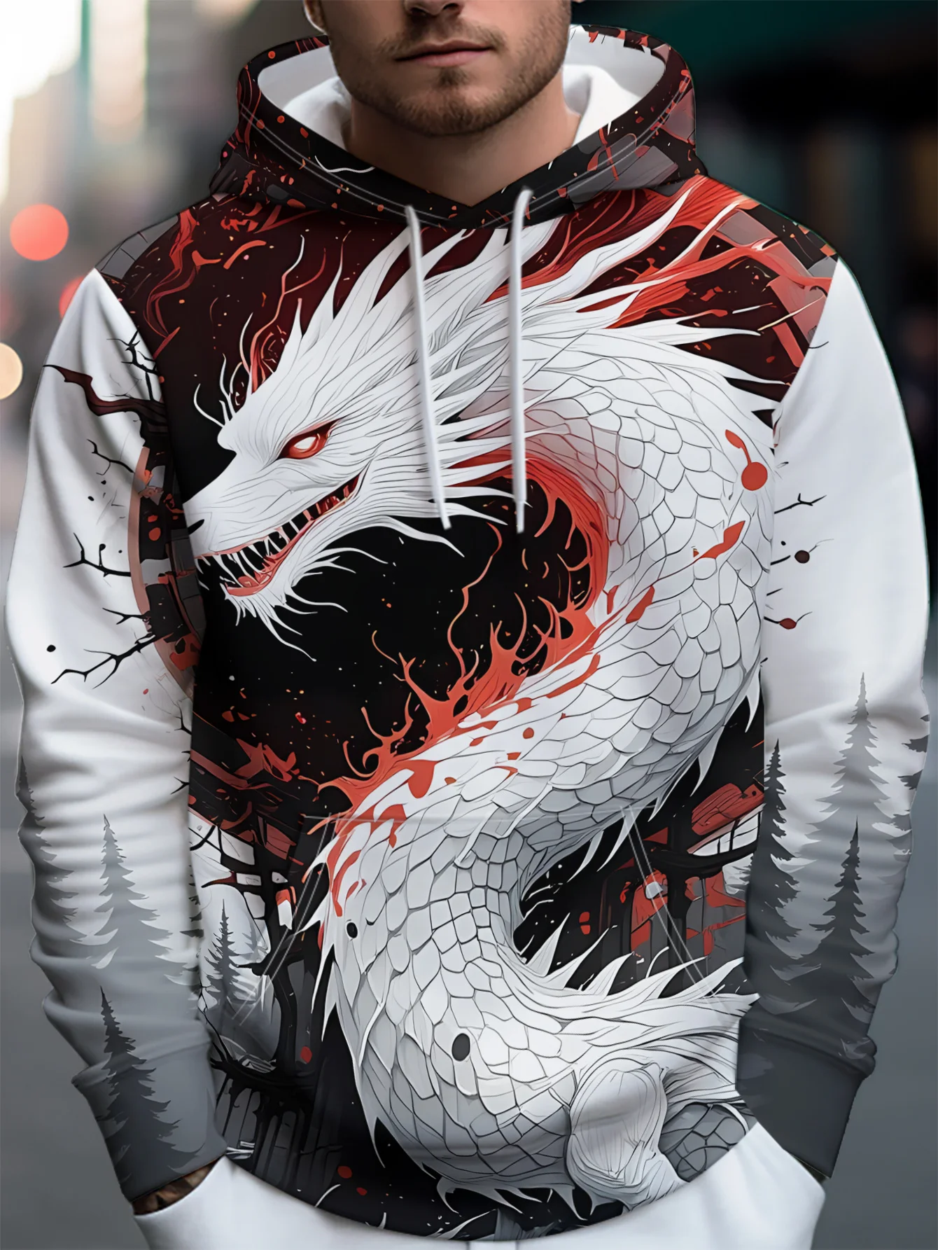 Men's Hoodie Autumn 3D Print White Dragon Forest Ink Splash Art Pullover Streetwear Casual Sweatshirt Men Clothing