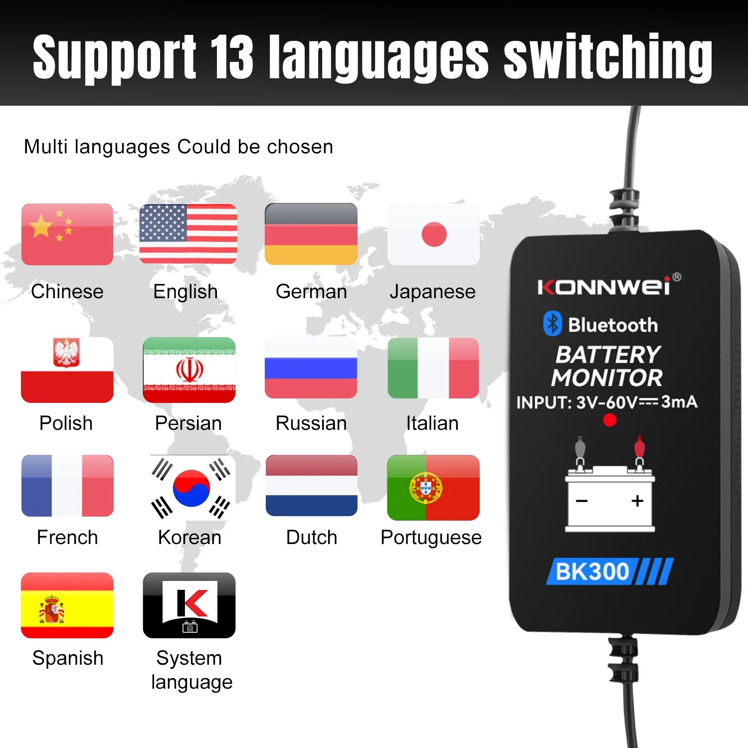KONNWEI BK300 12V Penguji Baterai Bluetooth Nirkabel 5.2 Monitor Baterai Tampilan LED SOH SOC Penganalisis Baterai Alat Penguji Otomatis