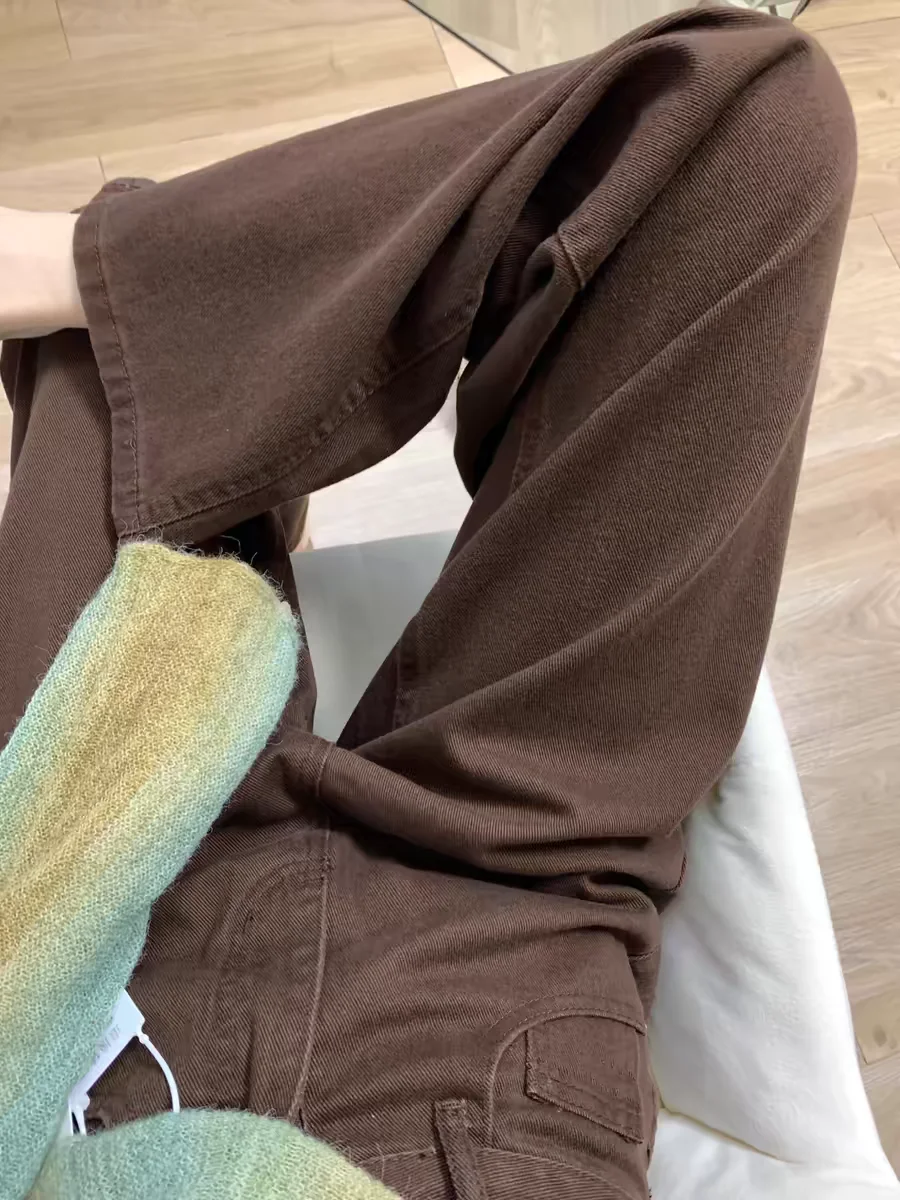 

High Waist Wide Leg Straight Cut Denim Jeans Women's Coffee Color Spring Autumn plus Size Loose Floor-Length Trousers