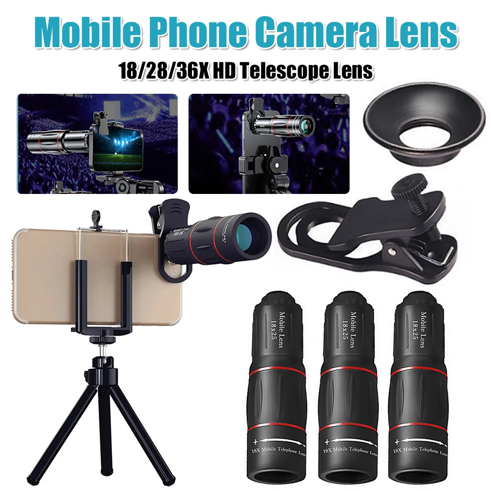 

18/28/36X Monocular Telescope Clip-On Zoom Phone Camera Telephoto Lens Optical Telescope Lens for Camping Hunting Sports