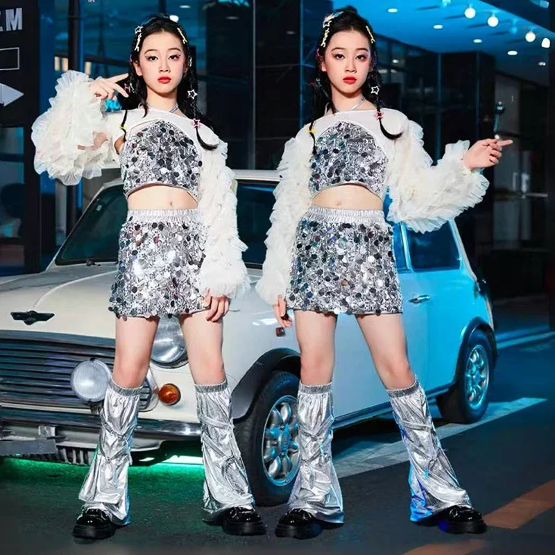 

Kpop Stage Outfit For Girls Jazz Dance Clothing Silver Sequin Vest Fluffy White Top Fashion Show Clothes Jazz Streetwear