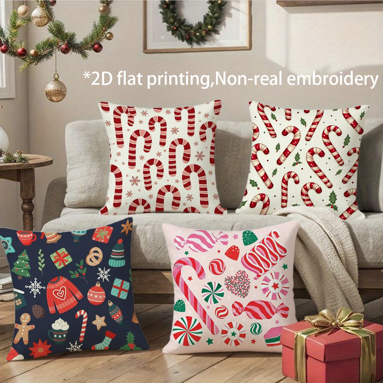 Christmas Candy Throw Pillow Covers Pattern Cushion Cover Suitable for Sofa Bedroom Car Pillow Cover