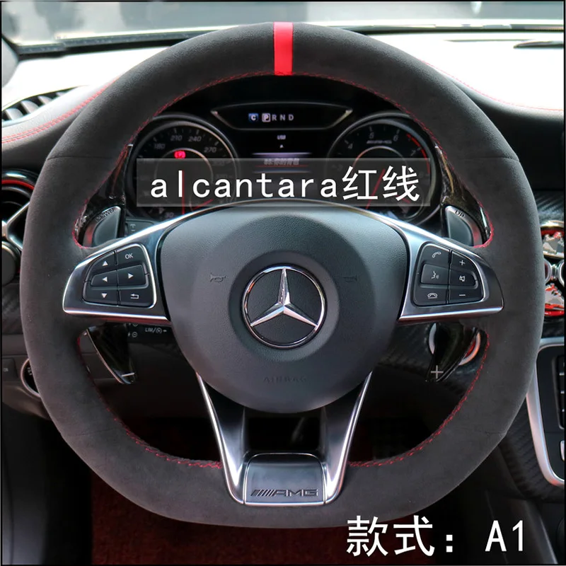 Braid Black Suede&Leather Car Steering Wheel Cover for Mercedes-Benz A 45 AMG C 43 63 CLA 45 CLS 63 AMG E 43 63 2015-2018