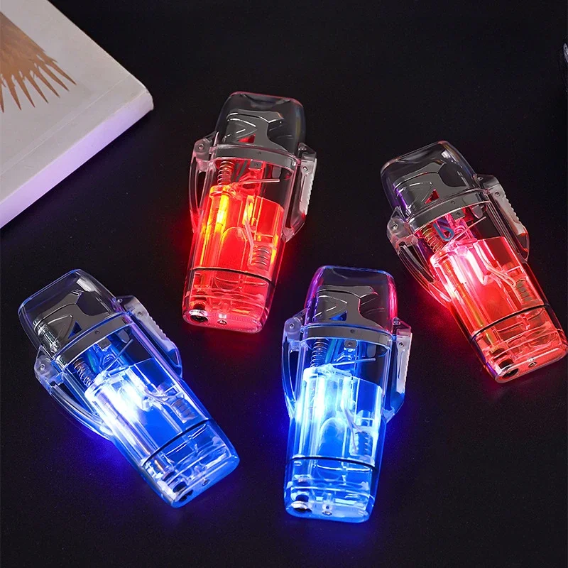 Transparent Case with Flashing Light and Red Flame Windproof Lighter Cycle Inflatable Visible Oil Compartment Butane Gas Lighter