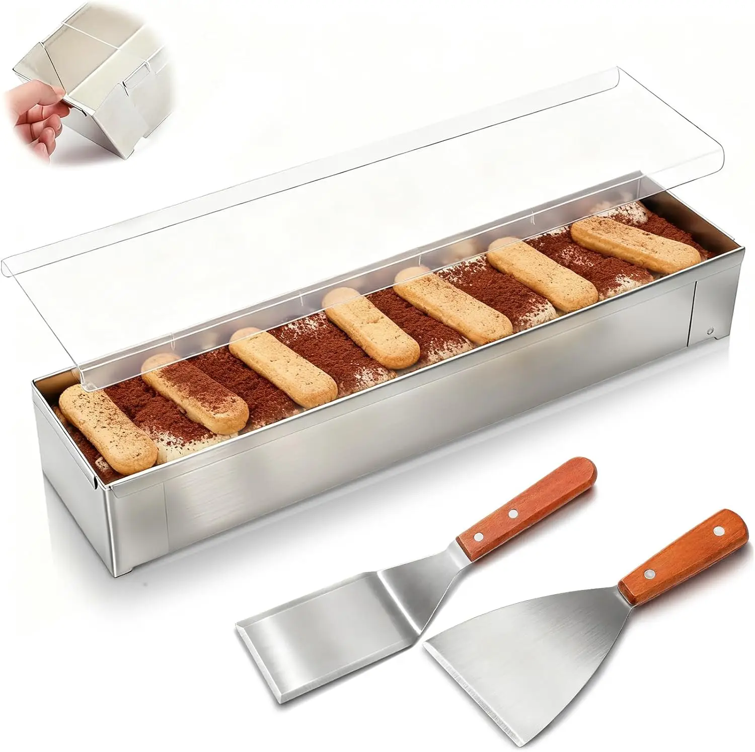 1 Pack Rectangle Tiramisu Pan Removable 15.75 X 3.94 X 2.56 Inch,with Acrylic Lid,2 Metal Spatula,Removable Frame