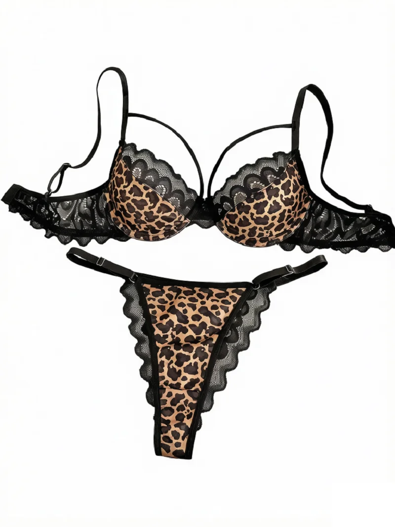 Wild Leopard Print Lingerie Set Strappy Cutout Scalloped Lace Underwire Bra 2 Pieces Boudoir Date Night Intimate Outfit