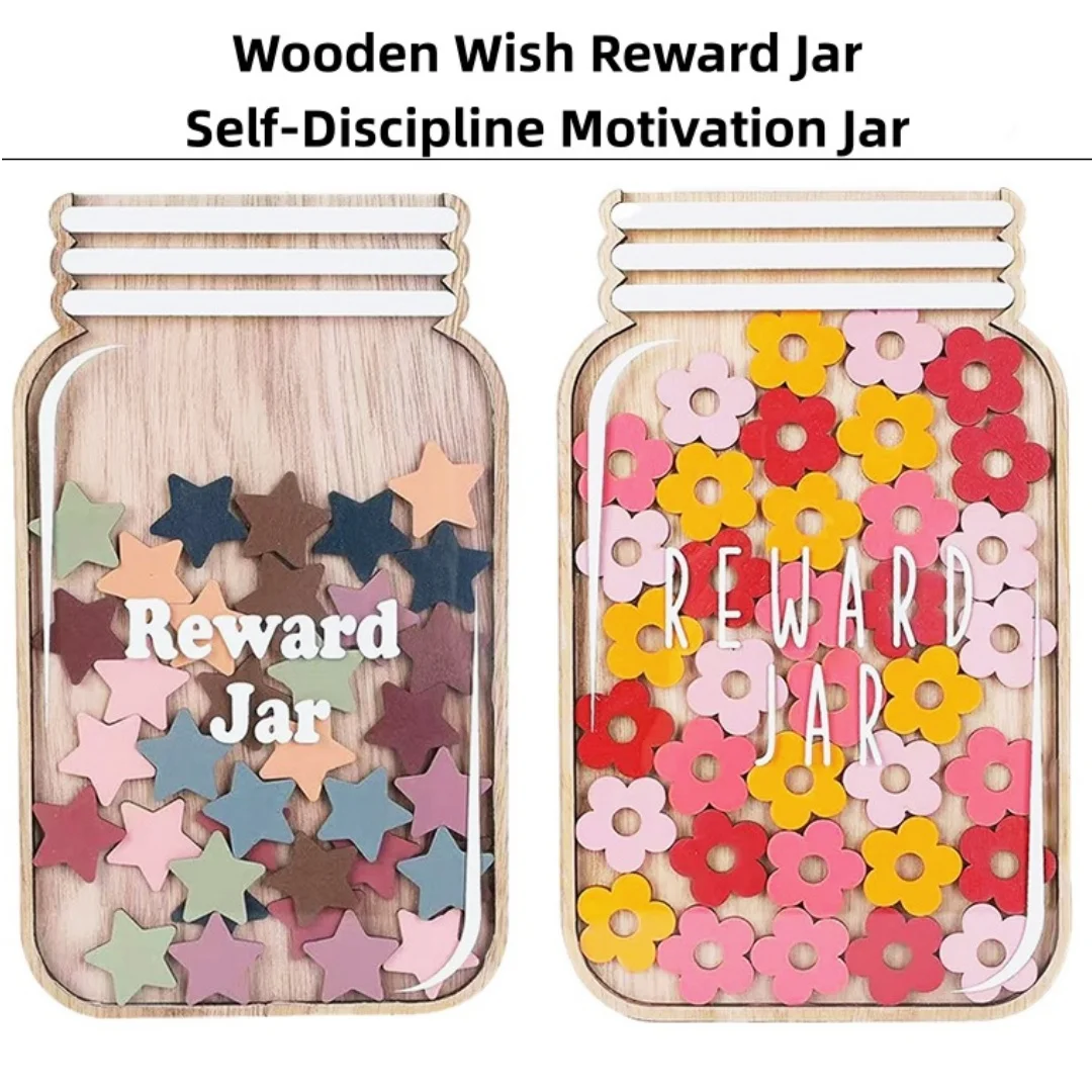 Star & Flower Reward Jar – Wooden Craft Ornament, Points Self-Discipline Jar, Creative Gift, Home Décor Accent