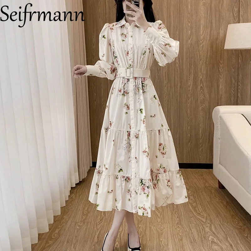 Seifrmann 夏の女性のドレス長袖ファッションターンダウン襟シングルブレスト花柄カジュアルドレスベルト付き