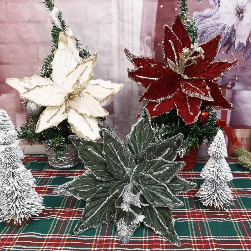 1-6pcs Glitter Artifical Christmas Flowers Red Gold Velvet Simulation Flower Xmas Tree Pendants New Year Party Hanging Ornaments