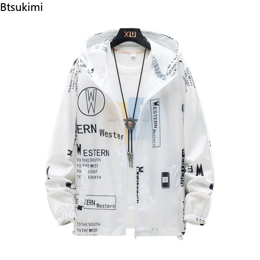 New Men\'s Lightweight Hooded Jacket Anti-UV Breathable Coats Letter Print Sun Protection Fishing Costume for Men Plus Size S-7XL
