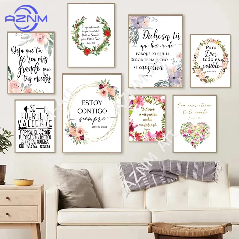 1PC Bible Verse Quotes Print God Christian Wall Art Decor Para Dios todo es Spain Wall Picture Floral Poster Home Decor