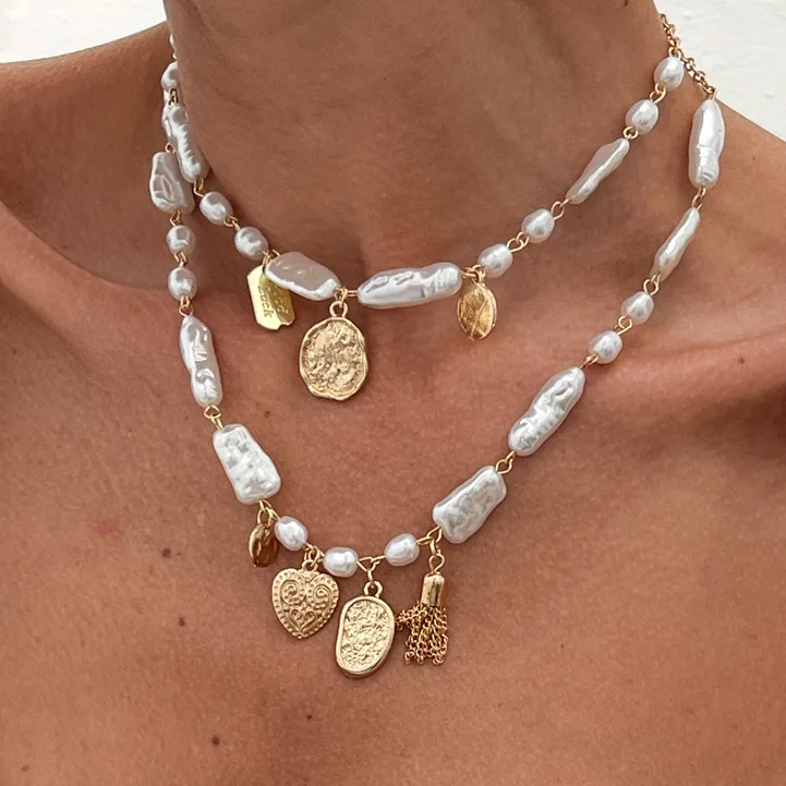 

Layered Gold Chain Necklace – Boho Imitation Pearl & Alloy Charm Multi - Strand Adjustable Y - Necklace for Women