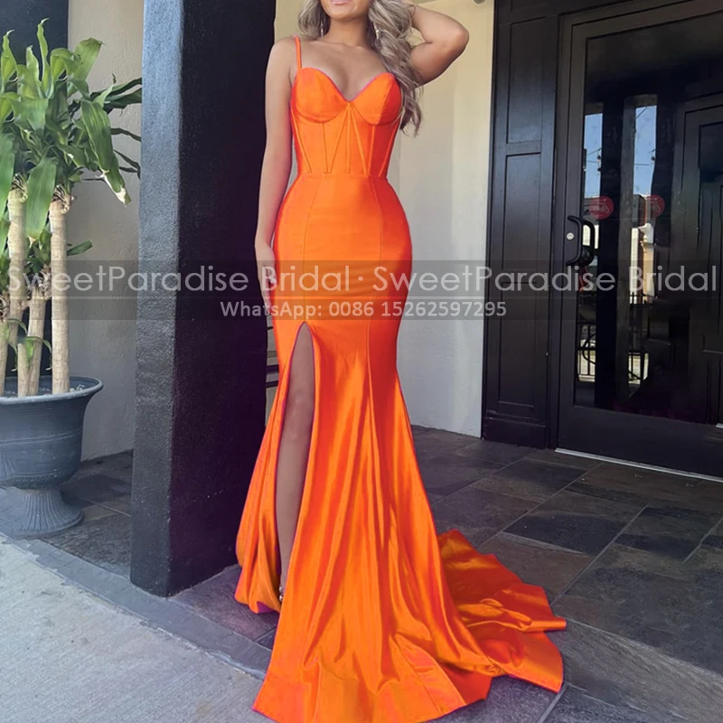 

Sexy Side Split Mermaid Bridesmaid Dresses Customized Corset Back Spaghetti Straps Long Sweep Train Sheath Wedding Party Dress