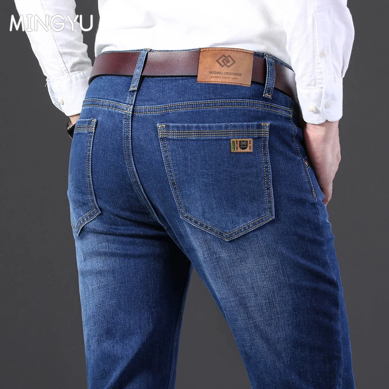 

All Seasons Regular Thickness Classic Business Men's Jeans Cotton Slim Denim Pants Work Blue Black Trousers Male Plus Size 28-40