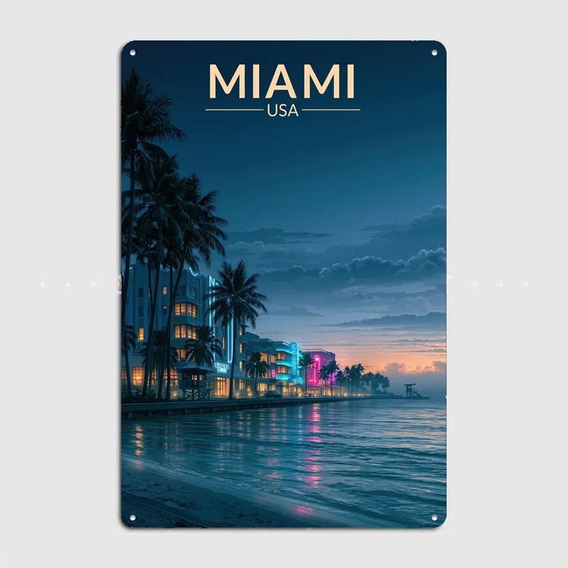 Miami Beach Sunset Metal Custom Sign Living Room Wall Indoor Decor Room Decoration Bedroom Posters Home Decor