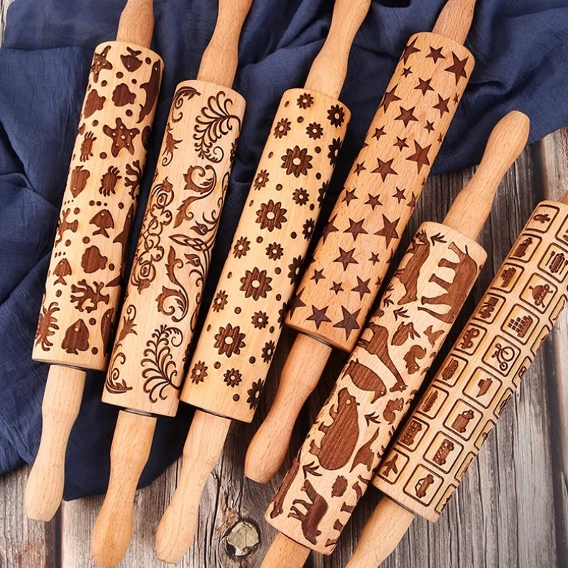 

Beech Wood Clay Rolling Pin & Christmas Tree and Deer Embossed Texture Roller - Solid Dough Press for Baking, and DIY Crafts