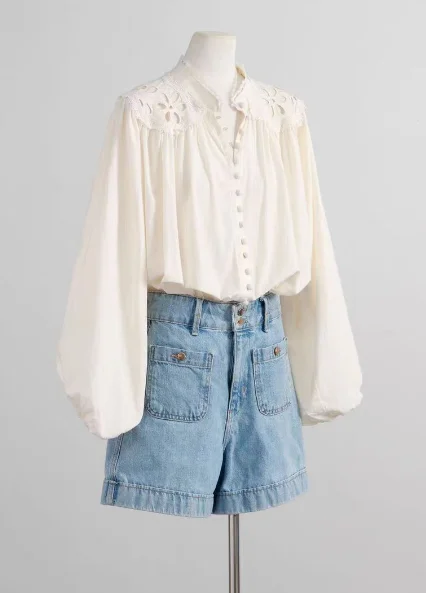 

2025 Beige Long Sleeve Embroidery Lantern Sleeve Blouse Tops and Shorts