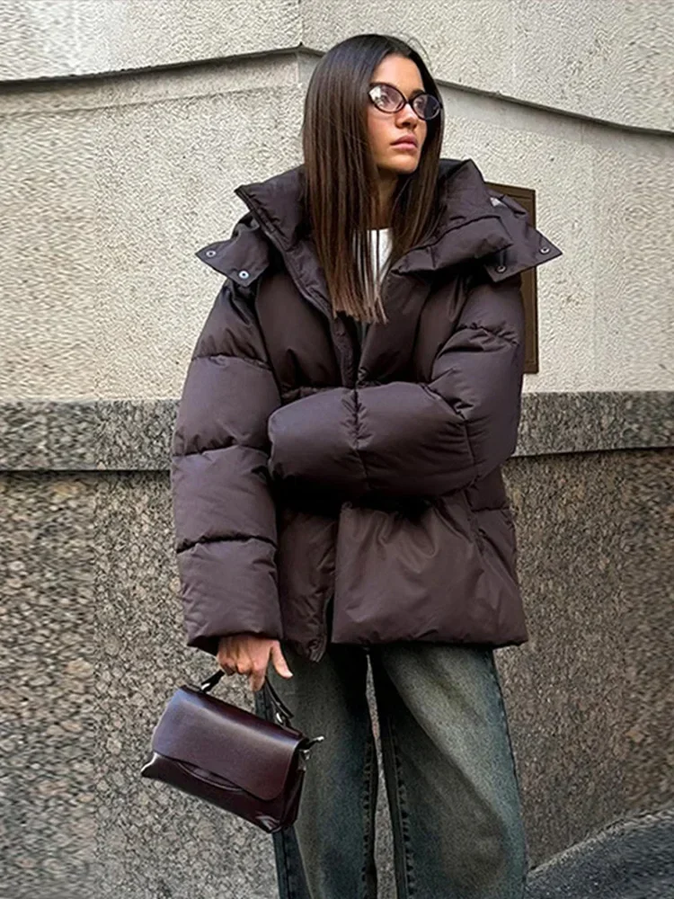 

Women New Winter Casual Loose Down Jackets Stand Neck Zipper Detachable Hat Thicken Coats Female Long Sleeves Warm Outwears Lady