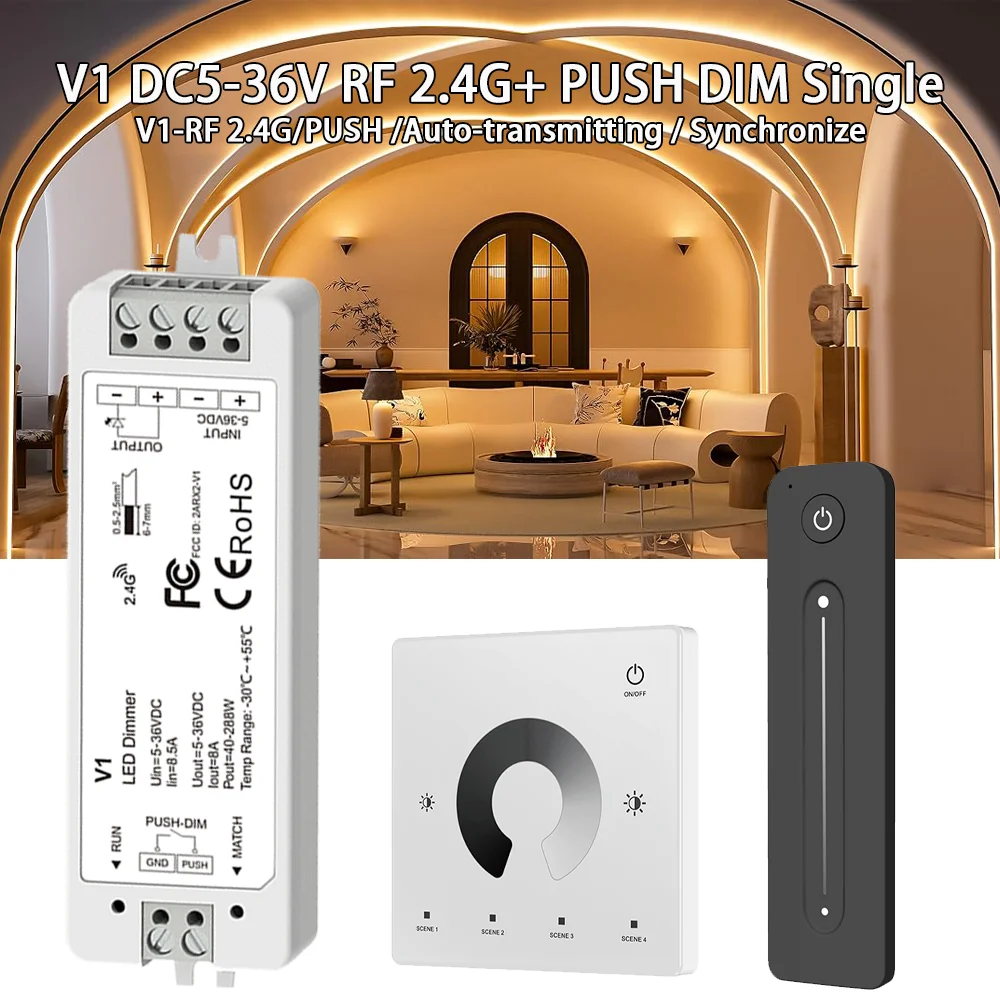 

V1 LED Dimmer 12V 24V 36V 5V 8A RF 2.4G Wireless 1zone 2.4G Touch Remote LED Push Dimer Siwtch 2835 COB Single Color Strip Light