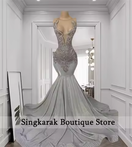 New Arrival 2026 Silver Diamonds Mermaid Style Prom Dress Halter Rhinestones Wedding Party Birthday Evening Gown Customized