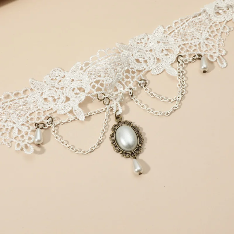 

Handmade Lace Pearl Nelace for Bride Faionable Cross-Border Jewelry Pure White New Unique Sle Wedding Accory