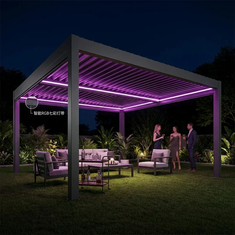 Atmospheric Balcony Pergola with RGB LED Strip Lighting Evening Party and Luxury Garden Entertainment Living Space