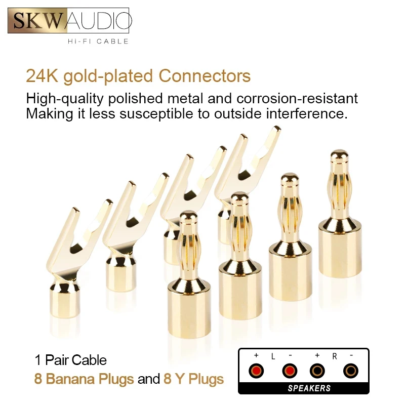 SKW-Cable de altavoz de Audio HIFI de alta gama, 1 par, Cable de altavoz audiófilo con enchufe Banana, chapado en oro de 24K