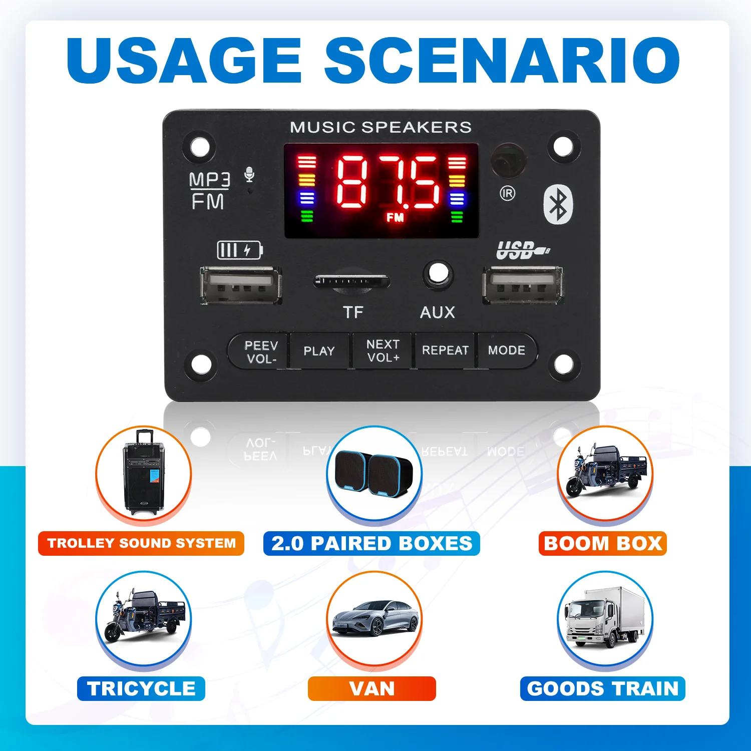 2*3W Class D Stereo Audio Digital Power Amplifier 12V 6W Decoder Board Car MP3 Player USB Record FM AUX Handsfree DIY Control