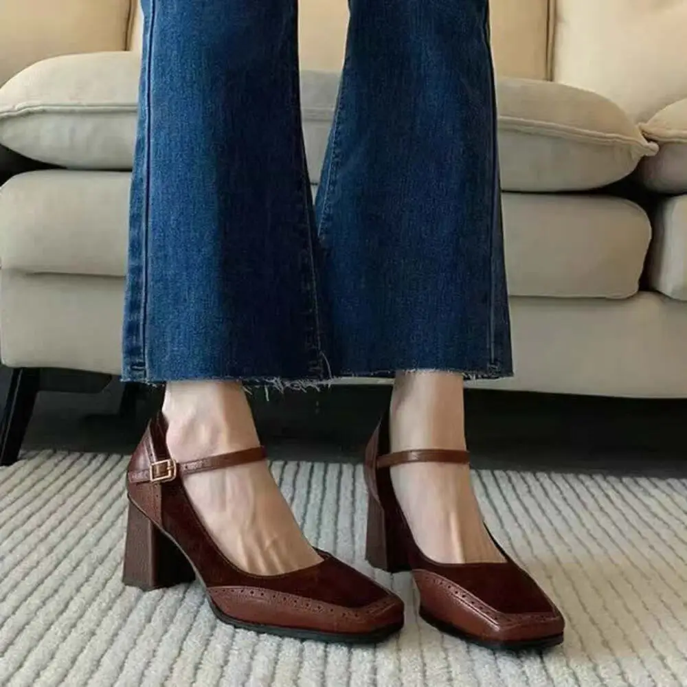 

Women's New Style Splicing Coarse Heel One Line Buckle French Square Head High Heels Retro Mary Jane Shoes