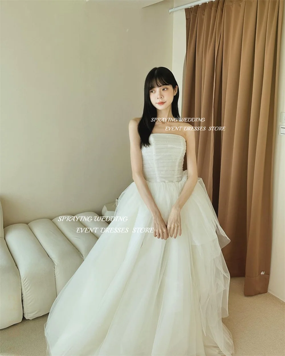 

SPRAYING Fairy Strapless Sparkly Lace Korea Wedding Photo Shoot Dress Tulle Long Pleat Bridal Gowns Corset 신부 웨딩드레스 Customized
