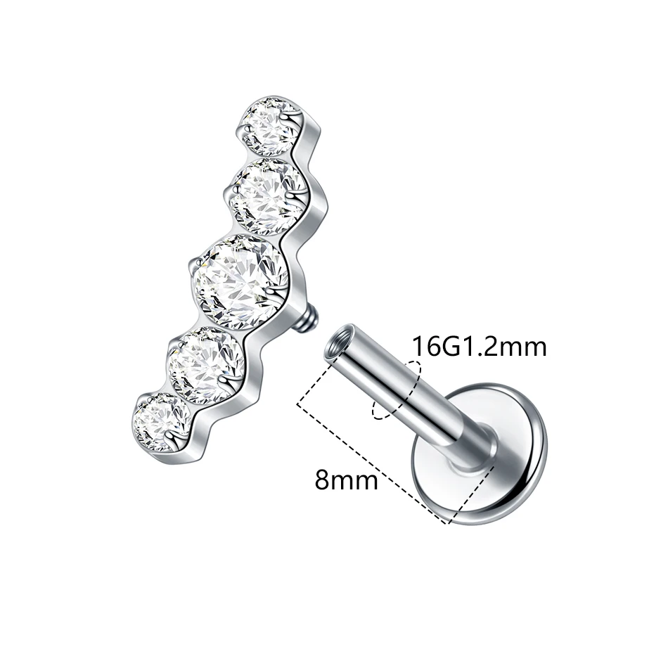 1PC Titanium Cubic Zirconia Stud Earrings for Women Internally Threaded Tragus Helix Nose Labret Piercing Body Jewelry