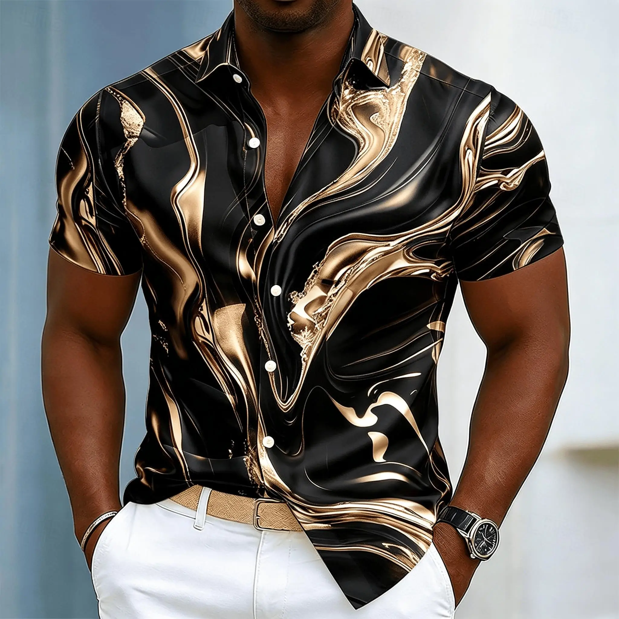 Men's  Marble Swirl Print Short Sleeve Shirt, Luxury Fluid Pattern Casual Button Down Top for Spring & Summer