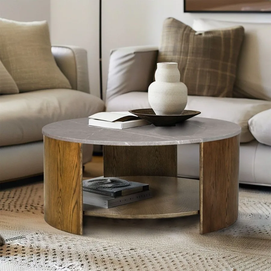 

Round Mixed Material Coffee Table with Shelf