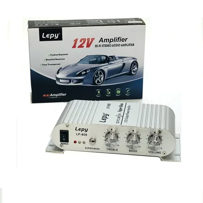 Amplifier Treble, Bass, Balance, Volume control with USB Port FM 12V Stereo Audio Car Auto Mini MP3 LP-808 Silver