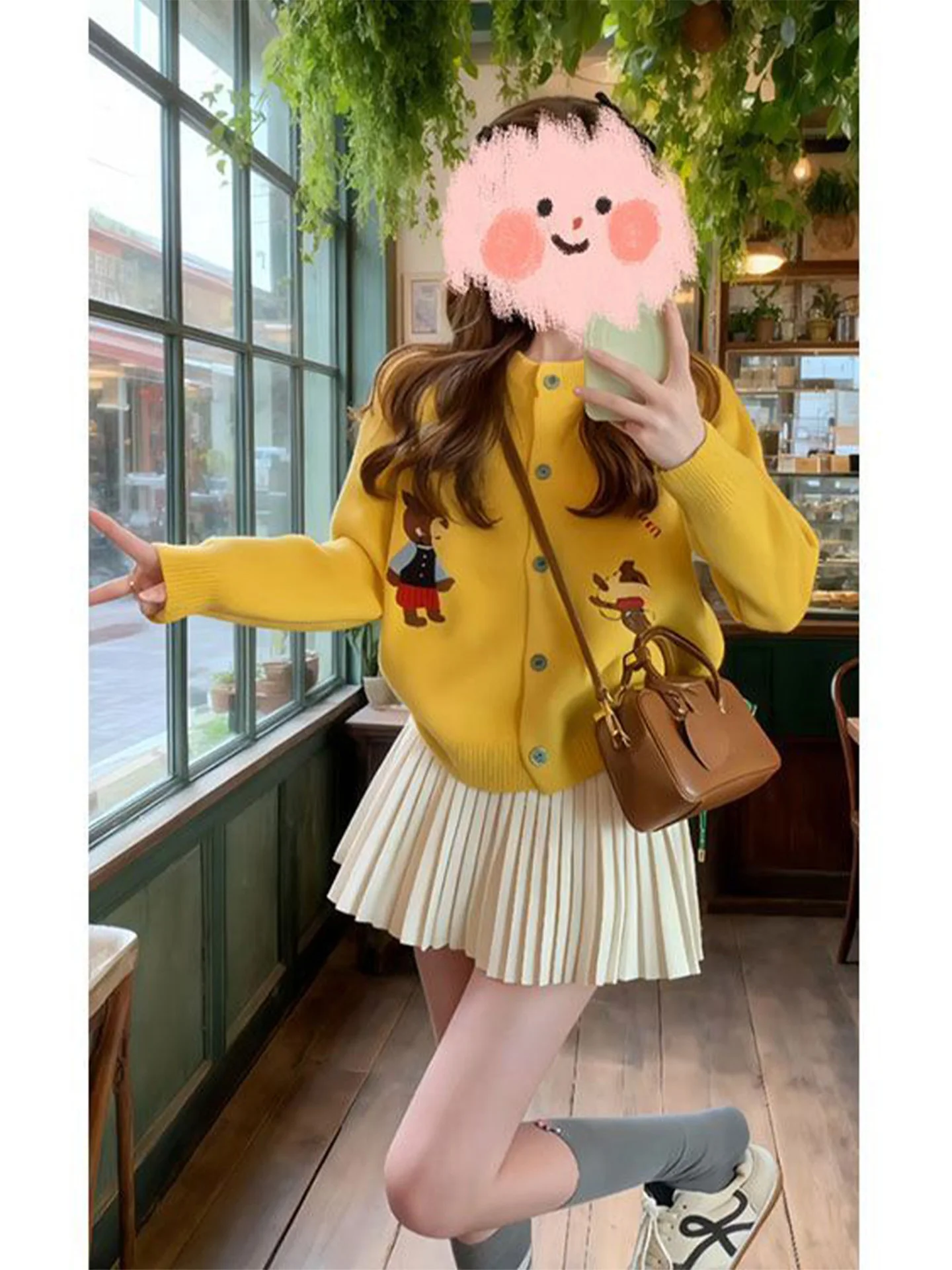 

Fall 2026 Women's Dopane Cartoon Knitted Cardigan Sweater White Skirt Cute Matching Set Casual Sle Midweight Long S...