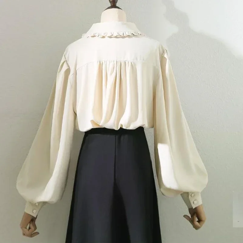 

Women Elegant Blouse Lolita Cute Ruffles Shirt Vintage Long Sleeve Tops Peter Pan Collar Tops Female Spring Summer Clothing