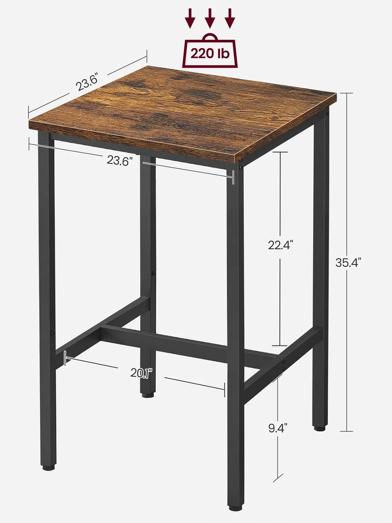 VASAGLE Bar Table, Small Kitchen Table, High Top Pub Table, For Living Room Study, Industrial Steel Frame, 23.6 X 23.6 X 35.4