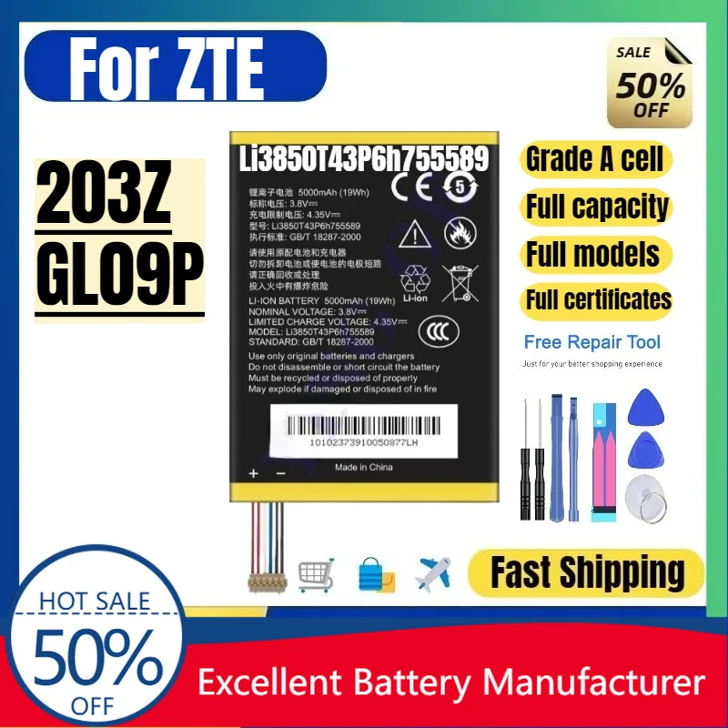 

0 Cycle Li3850T43P6h755589 Battery for ZTE 203Z GL09P Pocket WiFi Router High Quality Replacement Lithium Polymer with Tools