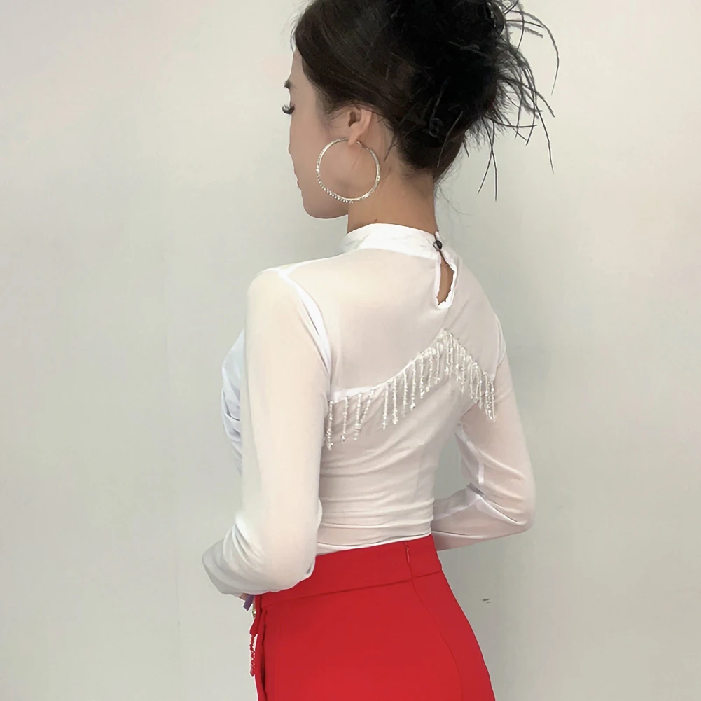 Haut de danse latine pour femmes, manches longues, noir, Samba, rouge, répétition, danse de salle de bal blanche, une pièce, perle, bal de taureau, danse