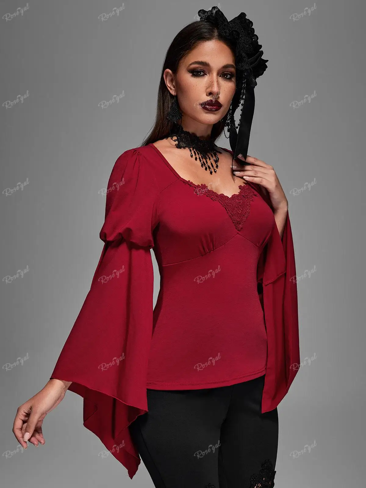 ROSEGAL Plus Size Gothic Red T-shirt Heart Shaped Appliques Ruched Tops New Spring Autumn Square Neck Long Flare Sleeves Blouses